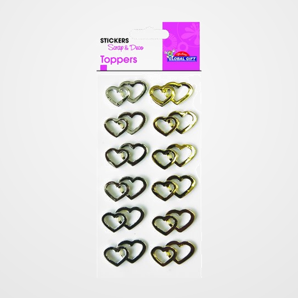 STICKERS GRUPO GLOBAL GIFT BOLSA 1h TOPPER SCRAP & DECO CORAZONES ORO Y PLATA RELIEVE