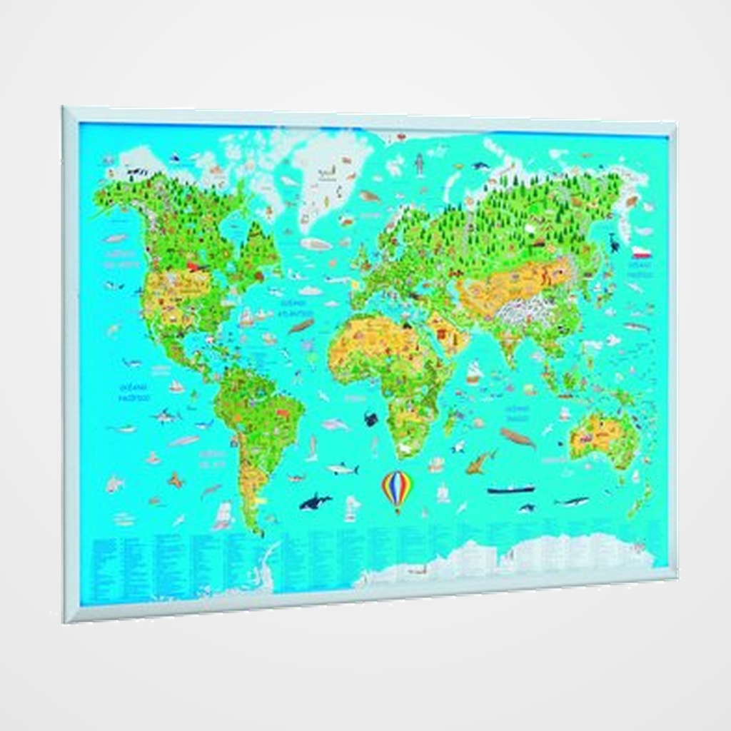 TABLERO de CORCHO FAIBO LIGERO MARCO PINO  60x90 cm MAPAMUNDI INFANTIL