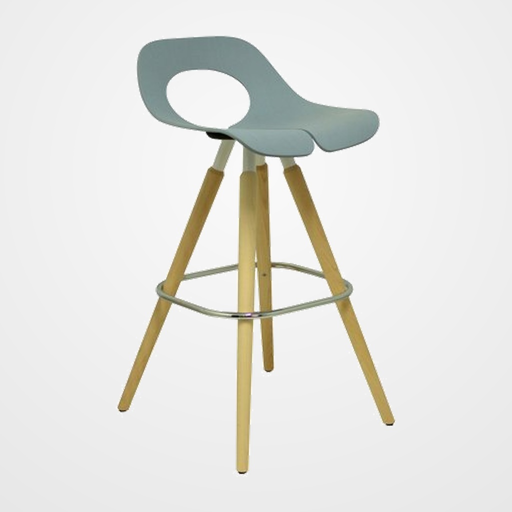 TABURETE PIQUERAS Y CRESPO ARCAS ARO REPOSAPIES CROMADO PATAS MADERA ASIENTO MADERA LACADA AZUL