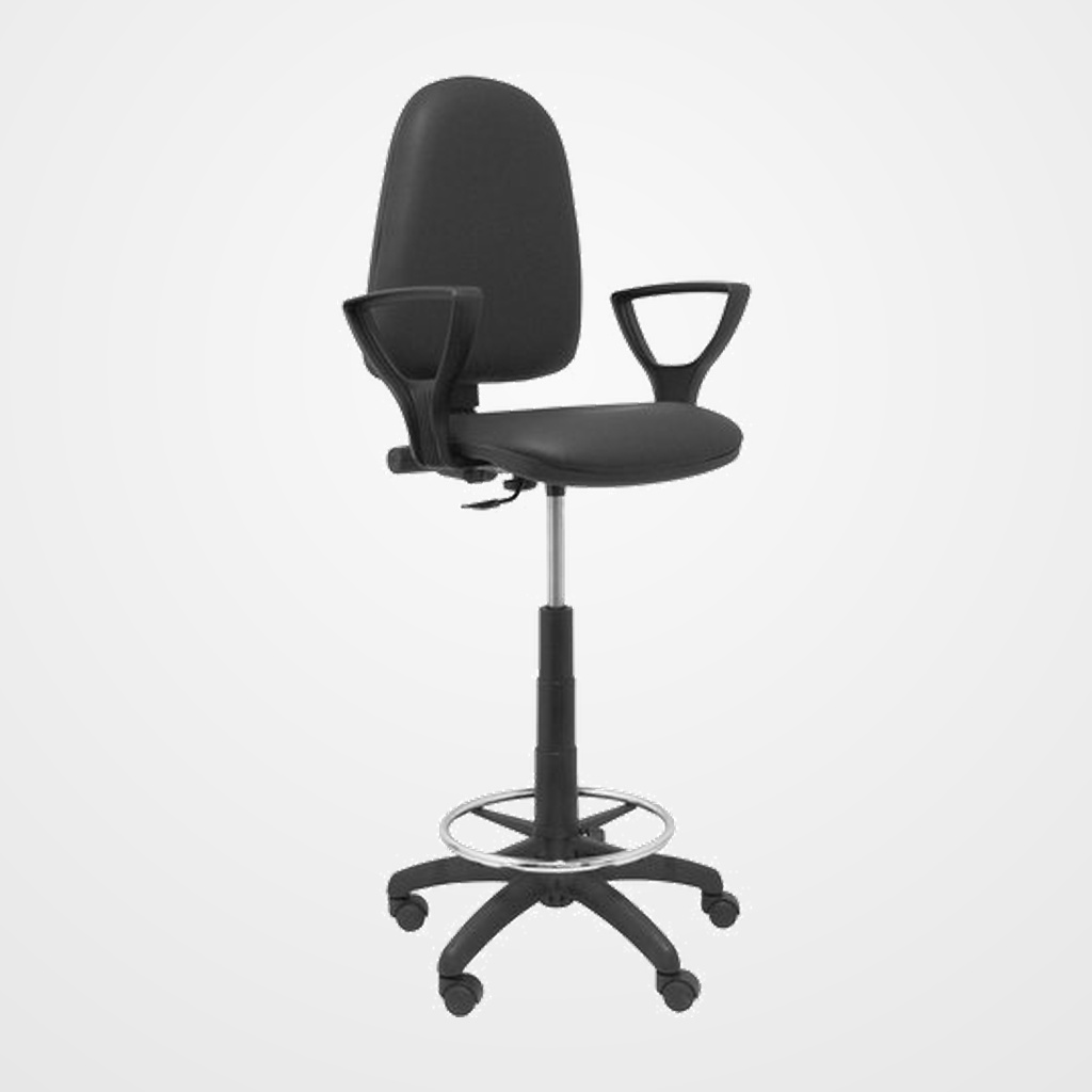 TABURETE PIQUERAS Y CRESPO AYNA BRAZOS FIJOS ERGONOMICO MECANISMO DE CONTACTO PERMANENTE REGULABLE EN ALTURA Y ARO REPOSAPIES ASIENTO Y RESPALDO TAPIZADOS SIMILPIEL NEGRO