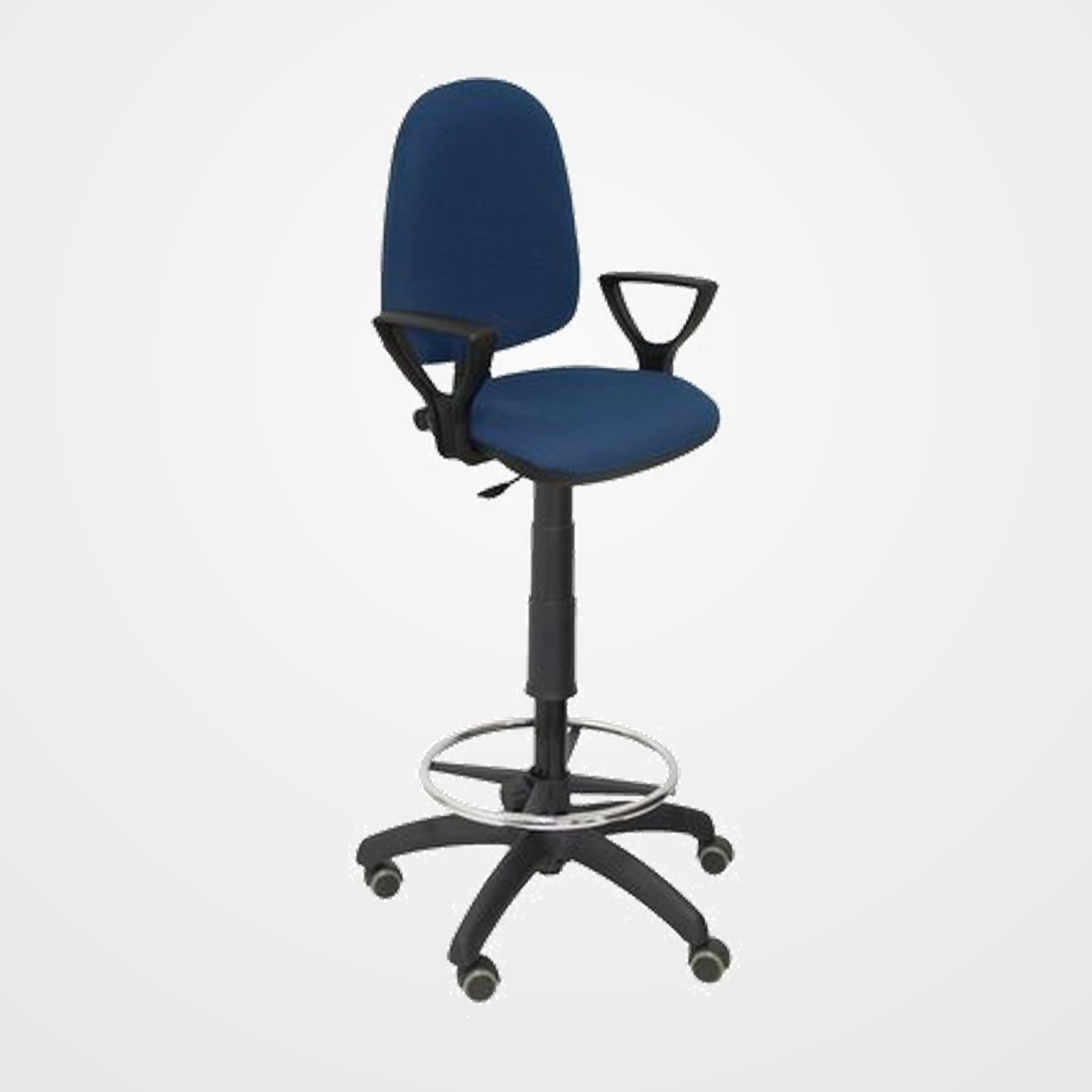 TABURETE PIQUERAS Y CRESPO AYNA BRAZOS FIJOS ERGONOMICO MECANISMO DE CONTACTO PERMANENTE REGULABLE EN ALTURA Y ARO REPOSAPIES RUEDAS de PARQUET ASIENTO Y RESPALDO TAPIZADOS BALI AZUL MARINO
