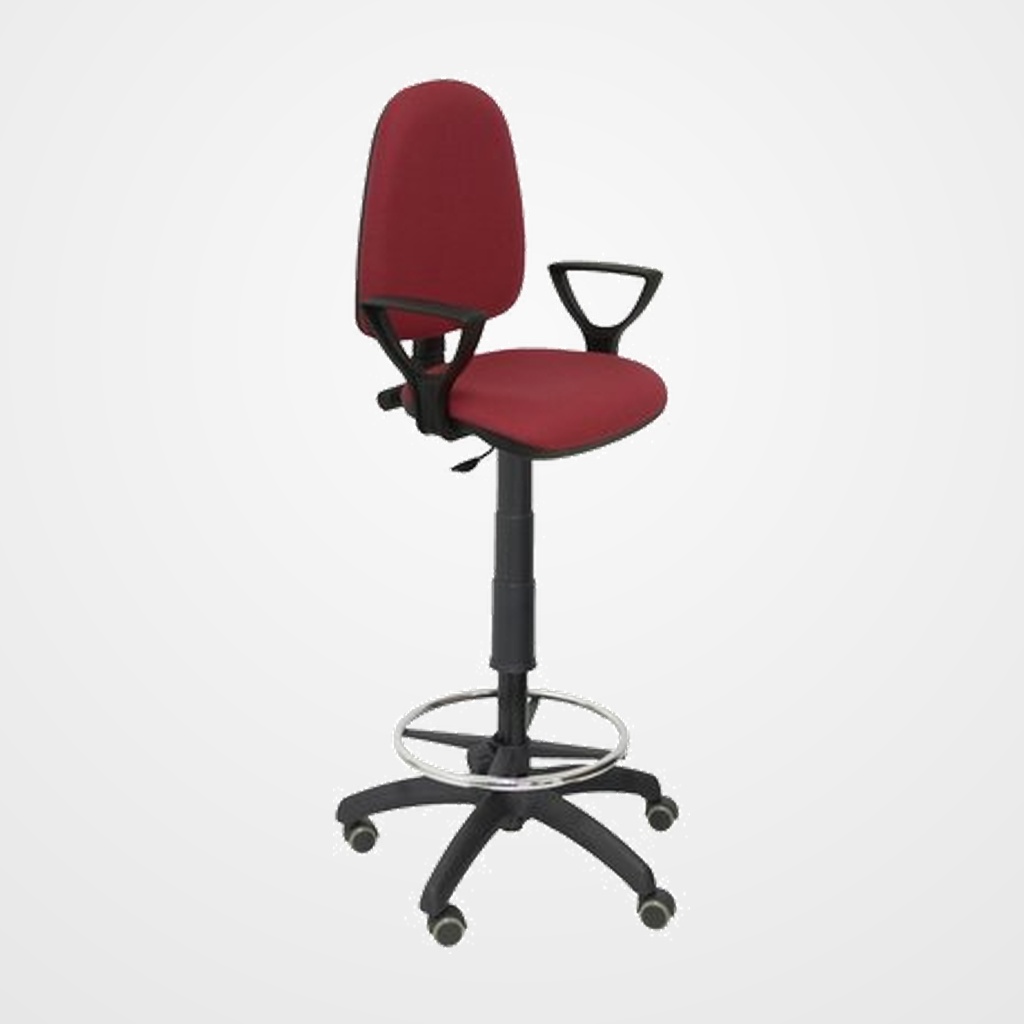 TABURETE PIQUERAS Y CRESPO AYNA BRAZOS FIJOS ERGONOMICO MECANISMO DE CONTACTO PERMANENTE REGULABLE EN ALTURA Y ARO REPOSAPIES RUEDAS de PARQUET ASIENTO Y RESPALDO TAPIZADOS BALI GRANATE