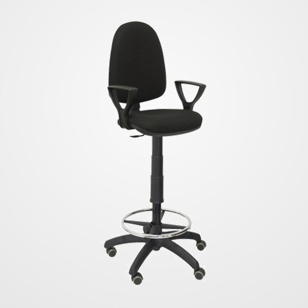 TABURETE PIQUERAS Y CRESPO AYNA BRAZOS FIJOS ERGONOMICO MECANISMO DE CONTACTO PERMANENTE REGULABLE EN ALTURA Y ARO REPOSAPIES RUEDAS de PARQUET ASIENTO Y RESPALDO TAPIZADOS BALI NEGRO