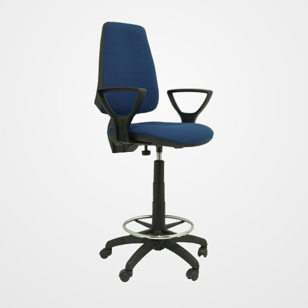 TABURETE PIQUERAS Y CRESPO ELCHE CP BRAZOS FIJOS ERGOMICO MECANISMO DE CONTACTO PERMANENTE REGULABLE EN ALTURA Y ARO REPOSAPIES CROMADO RUEDAS de NYLON ASIENTO Y RESPALDO TAPIZADOS BALI AZUL MARINO