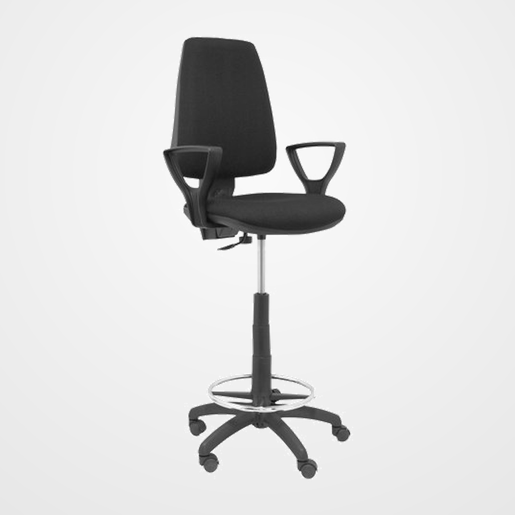 TABURETE PIQUERAS Y CRESPO ELCHE CP BRAZOS FIJOS ERGOMICO MECANISMO DE CONTACTO PERMANENTE REGULABLE EN ALTURA Y ARO REPOSAPIES CROMADO RUEDAS de NYLON ASIENTO Y RESPALDO TAPIZADOS BALI NEGRO