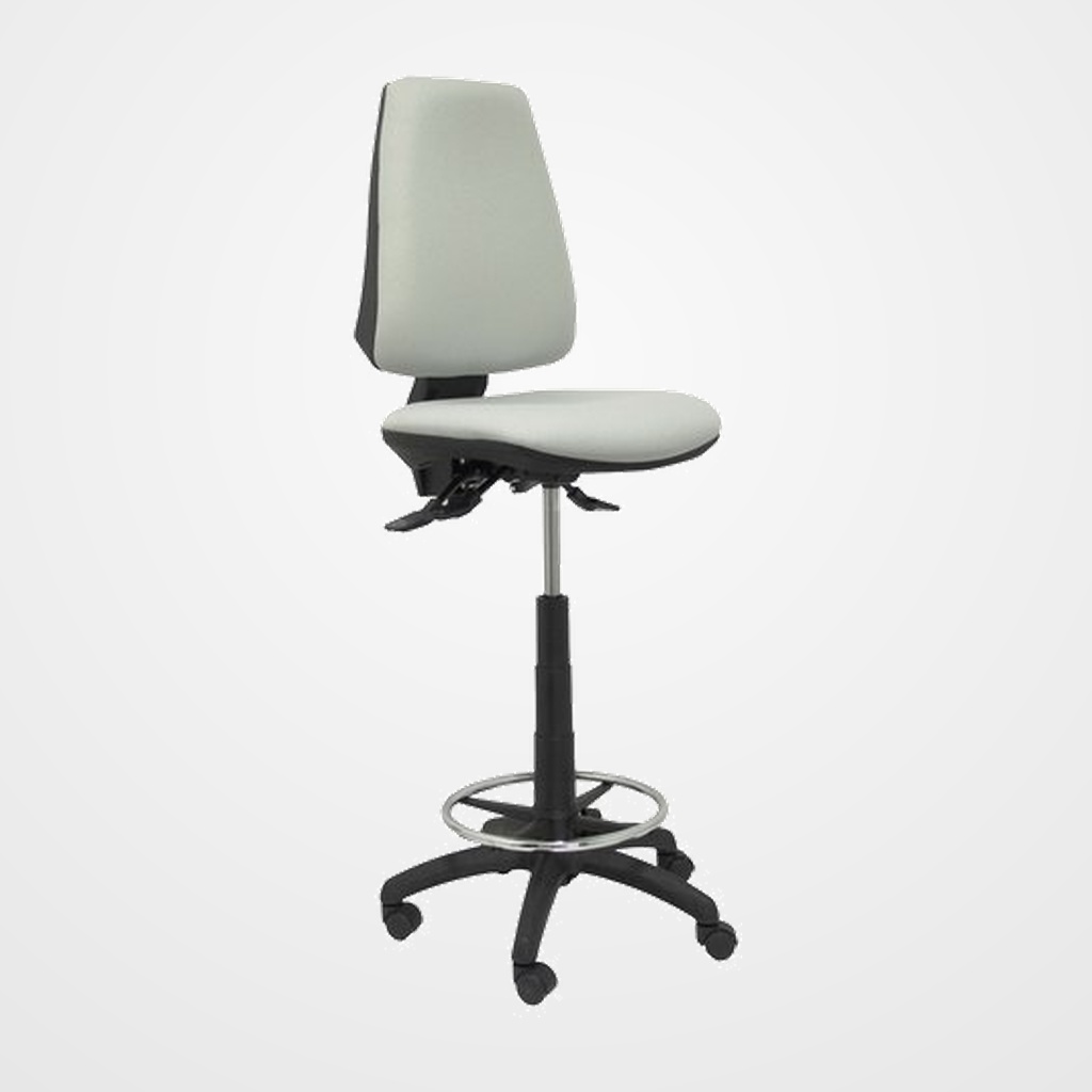 TABURETE PIQUERAS Y CRESPO ELCHE S ERGONOMICO MECANISMO DE CONTACTO PERMANENTE REGULABLE EN ALTURA Y ARO REPOSAPIES CROMADO RUEDAS NYLON ASIENTO Y RESPALDO TAPIZADOS BALI GRIS CLARO