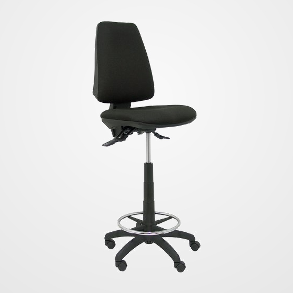 TABURETE PIQUERAS Y CRESPO ELCHE S ERGONOMICO MECANISMO DE CONTACTO PERMANENTE REGULABLE EN ALTURA Y ARO REPOSAPIES CROMADO RUEDAS NYLON ASIENTO Y RESPALDO TAPIZADOS BALI NEGRO