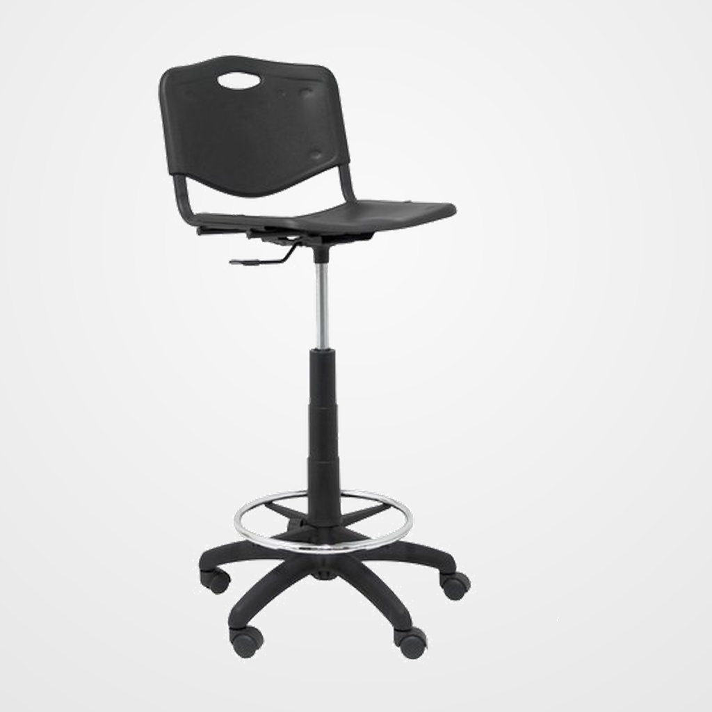 TABURETE PIQUERAS Y CRESPO ROBLEDO GIRATORIO REGULABLE EN ALTURA ESTRUCTURA NEGRA RUEDAS NYLON ARO CROMADO ASIENTO Y RESPALDO PVC NEGRO