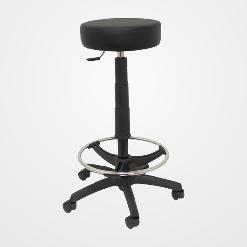 TABURETE PIQUERAS Y CRESPO TOLOSA GIRATORIO REGULABLE EN ALTURA REPOSAPIES CROMADO ASIENTO Y RESPALDO TAPIZADO SIMILPIEL NEGRO