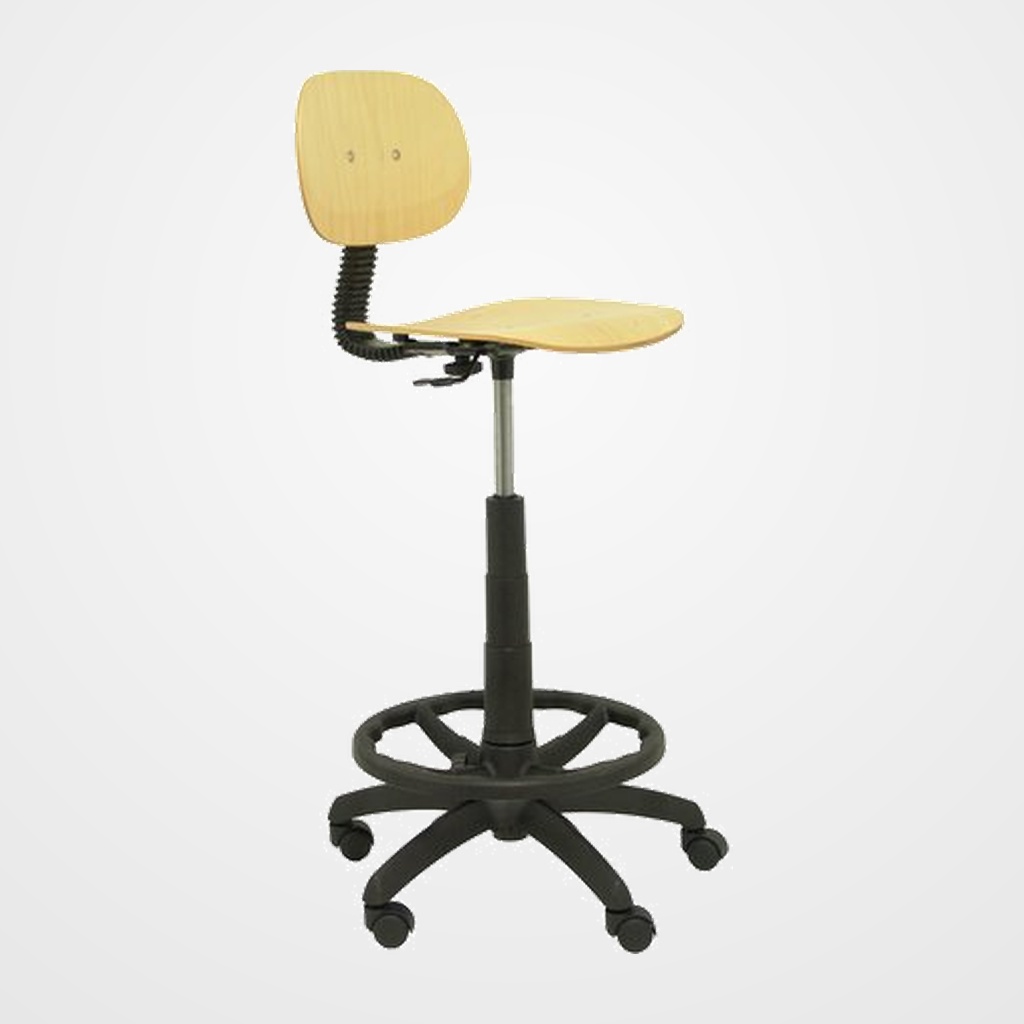 [24404769] TABURETE PIQUERAS Y CRESPO TUS GIRATORIO REGULABLE EN ALTURA REPOSAPIES CROMADO ASIENTO Y RESPALDO MADERA HAYA