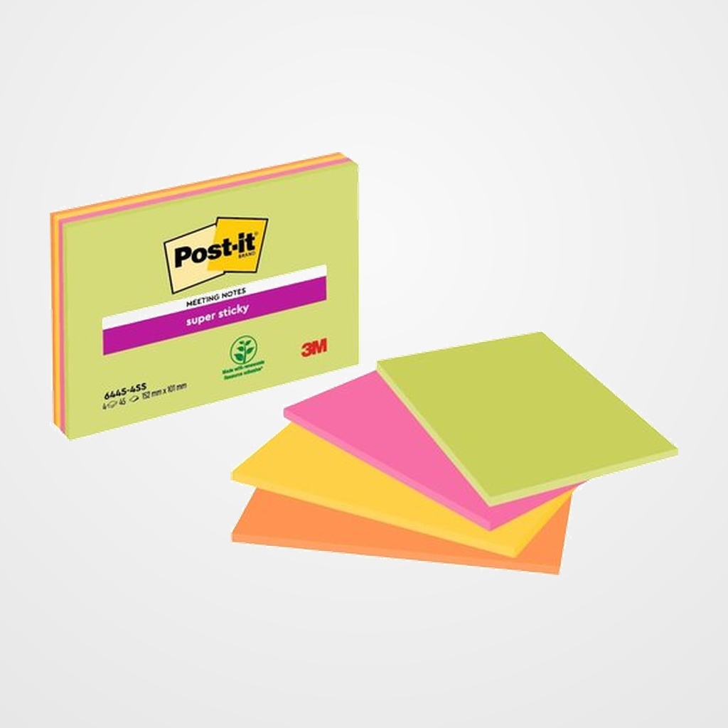 TACO NOTAS POST-IT SUPER STICKY 152x101 mm COLORES NEON PACK DE 4