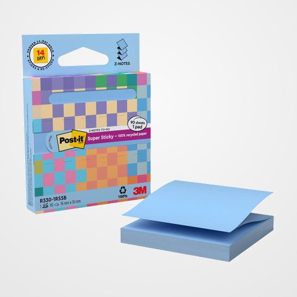 TACO NOTAS POST-IT 100% PAPEL RECICLADO 90h Z NOTES 76x76 (R330) SUPER STICKY AZUL PASTEL
