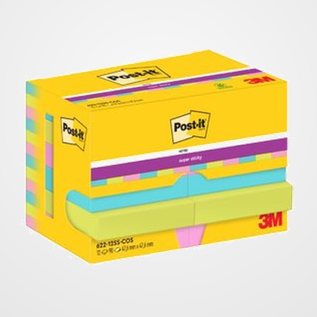 TACO NOTAS POST-IT 622 SUPER STICKY 47,6x47,6 COLORES COSMIC PACK DE 12