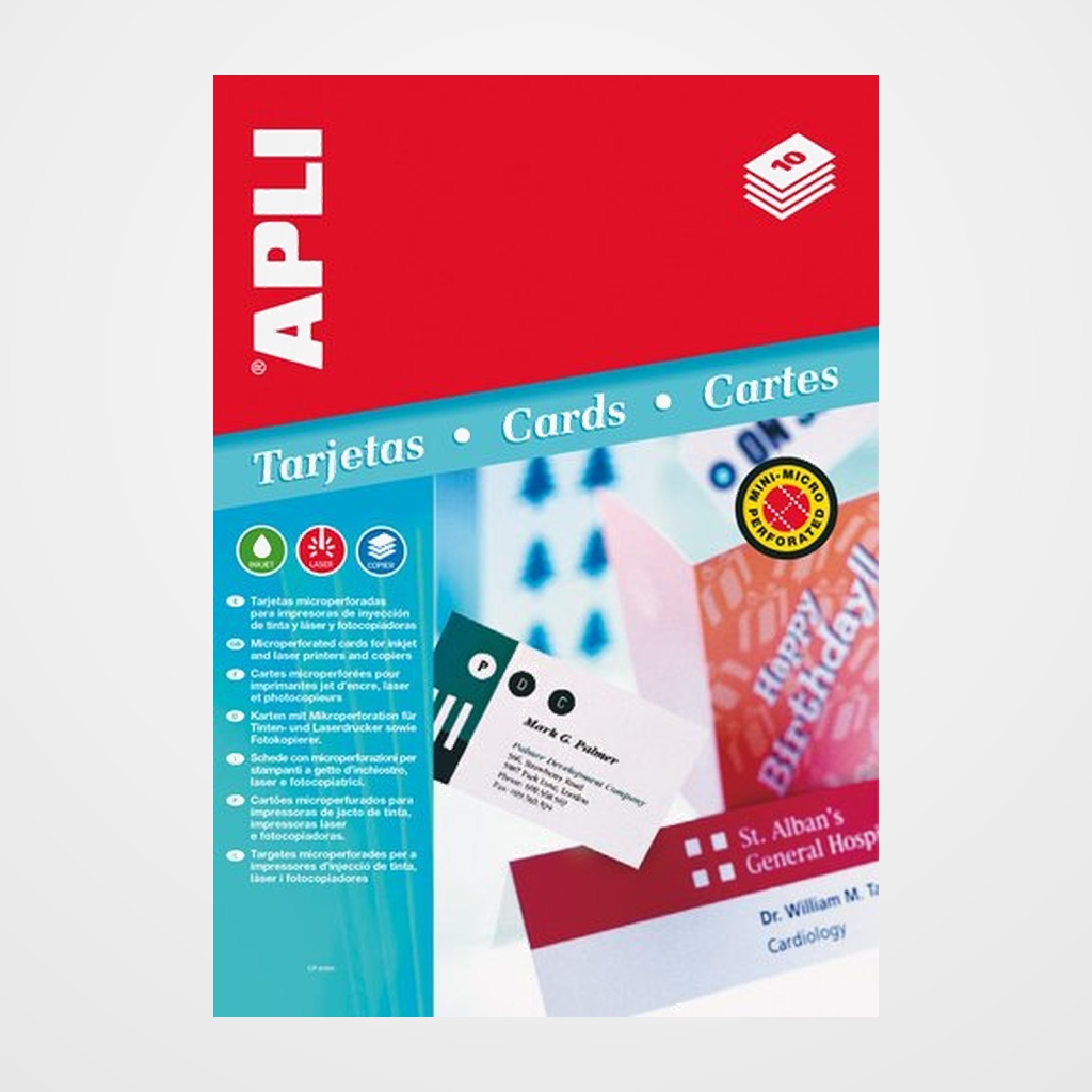 TARJETAS de VISITA APLI para IMPRESORA MICROPERFORADA CONVENCION 200g 90x55mm BLISTER 10h 80 uds.(02794)