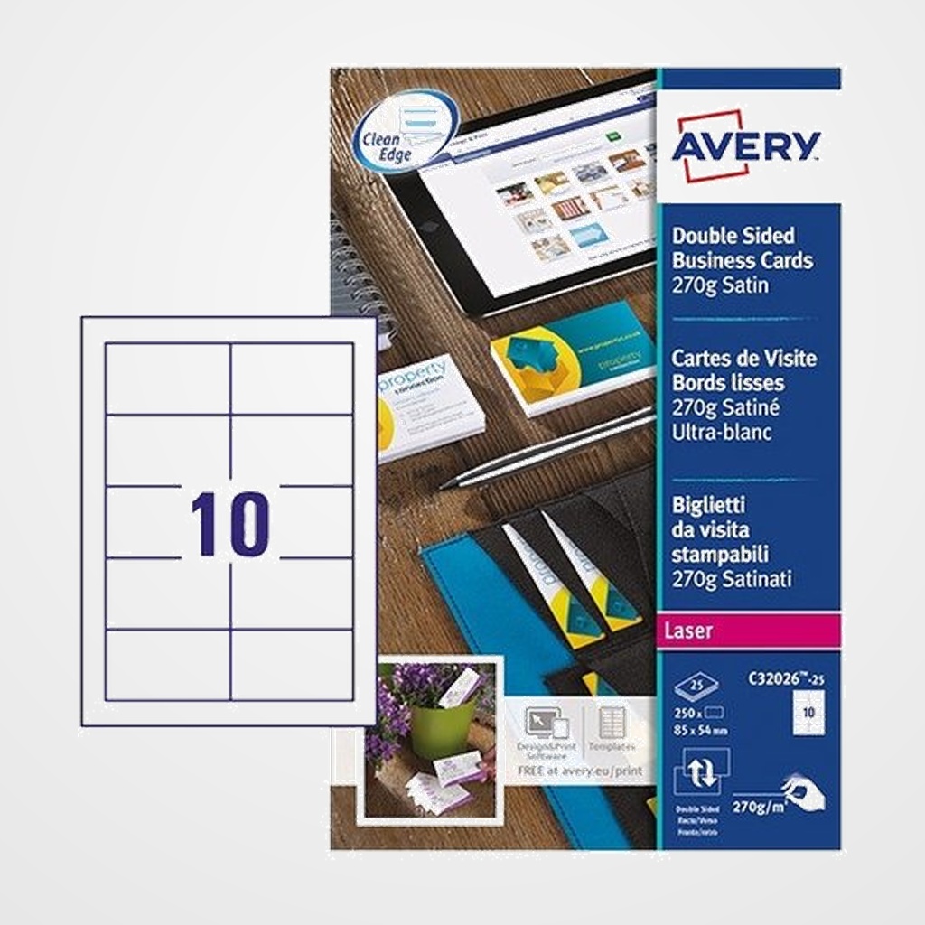 TARJETAS de VISITA AVERY para IMPRESORA LASER QUICK&CLEAN 270g SATINADAS 85x54mm CAJA 25h 250 uds.(C32026-25)