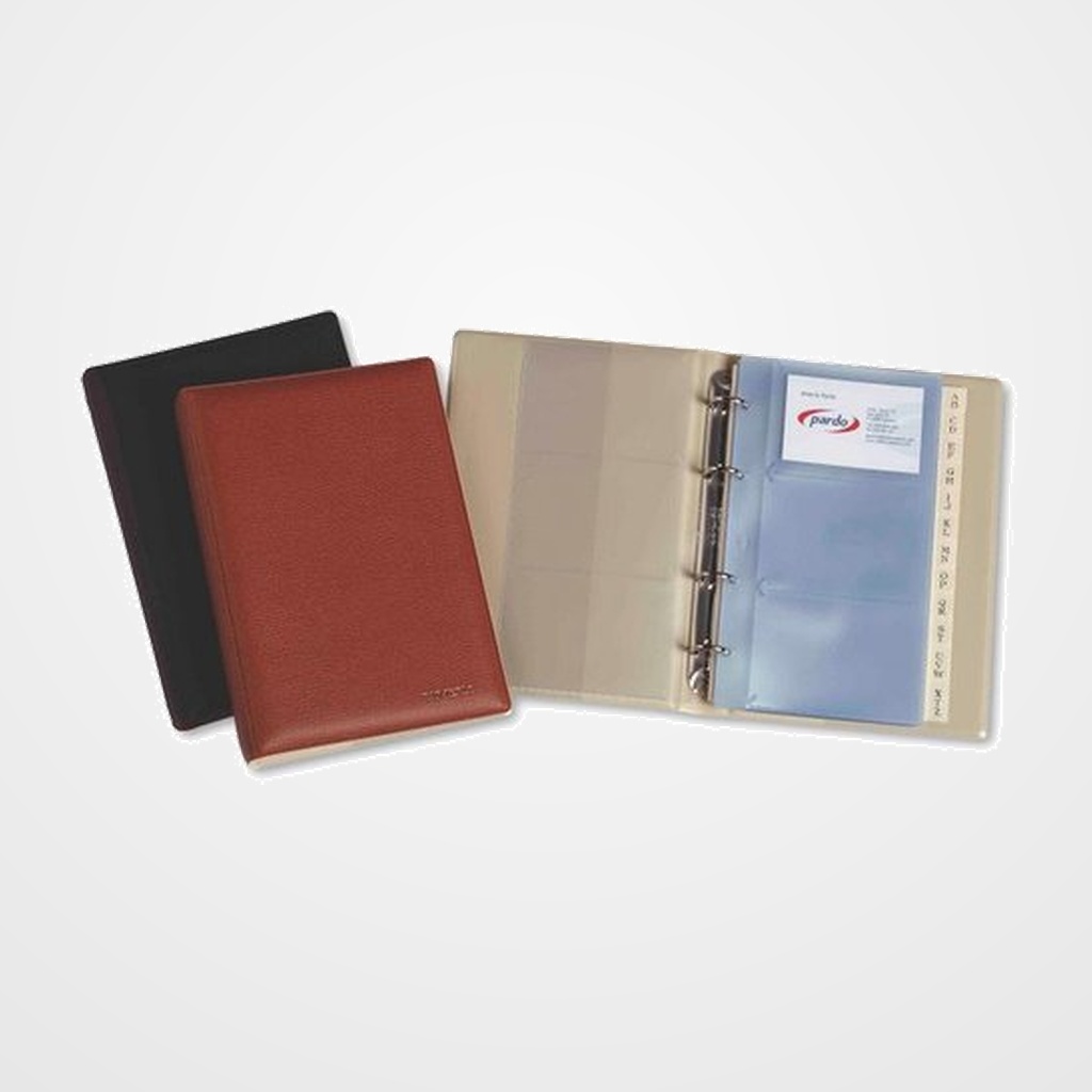 TARJETERO 4 anillas PARDO PVC sim.piel 4º 20 fundas y sep.A-Z 120 tarjetas NEGRO