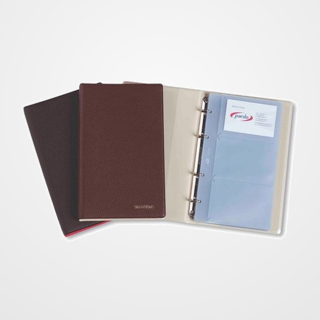 TARJETERO 4 anillas PARDO PVC sim.piel 4º 20 fundas 120 tarjetas BURDEOS