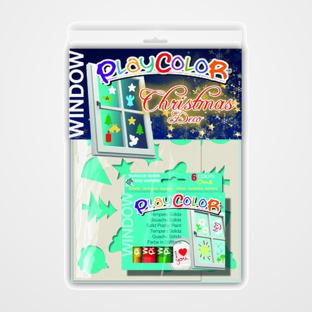 TEMPERA INSTANT SOLIDA PLAYCOLOR ONE WINDOW 10Gr. CHRISTMAS DECO ESTUCHE de 6 COLORES  (Incluye 2 plantillas)