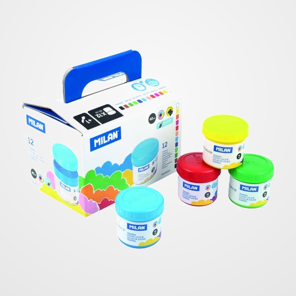 TEMPERA MILAN 40 ml (bote) ESTUCHE de 12 COLORES SURTIDOS (incluye pincel)