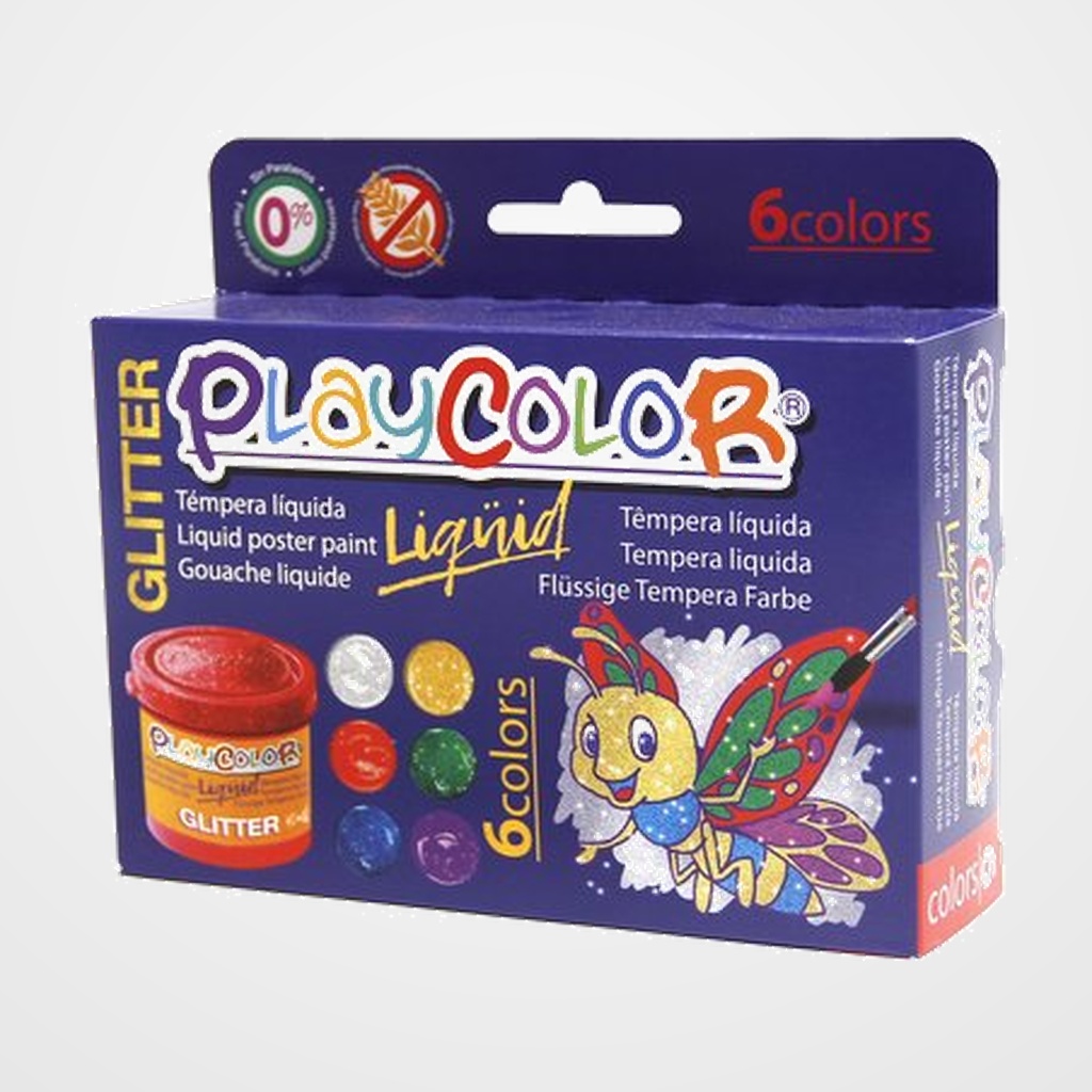 TEMPERA PLAYCOLOR LIQUID 40 ml (bote) GLITTER ESTUCHE de  6