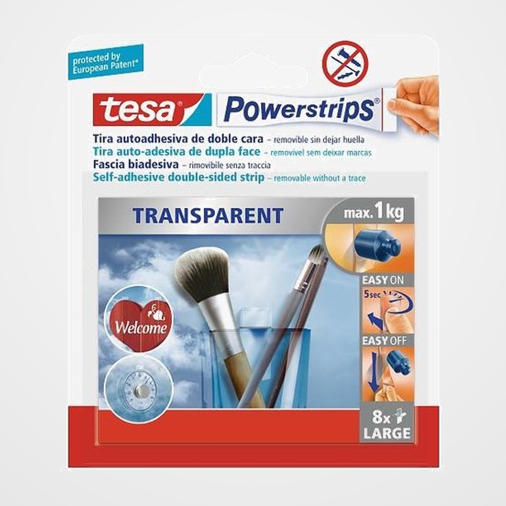 TIRAS ADHESIVAS POWERSTRIPS LARGE TRANSPARENTES PACK DE 8