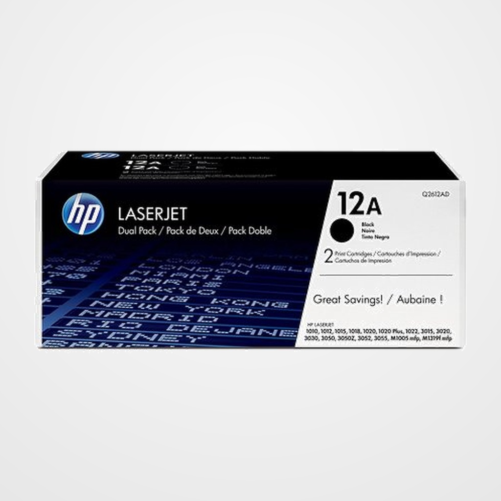 TONER HP Nº 12A Q2612AD LASERJET 1010/1012/1015/1018/1020/1022/3015/3020/3030/3050/3052/3055 NEGRO 2.000 PÁG. (PACK 2 UNIDADES)
