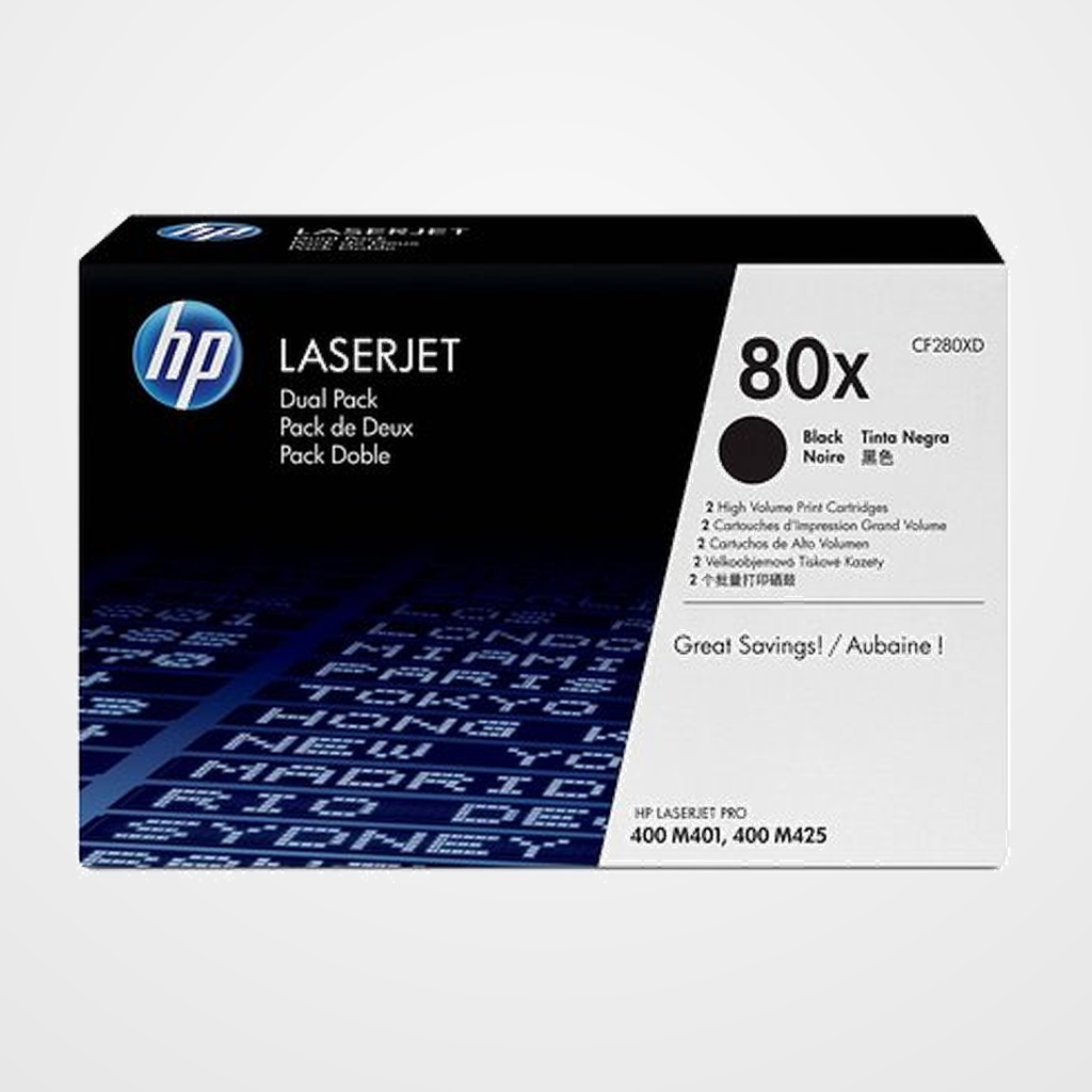 TONER HP Nº 80XD CF280X LASERJET PRO M401 / M425 NEGRO 6.900 PÁG. (PACK 2 UD.)