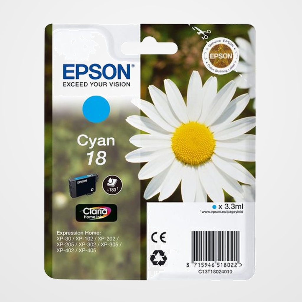 CARTUCHO INKJET EPSON T180240 Nº18 EXPRESSION HOME XP102/205/305/405 CIAN 3,3 ml