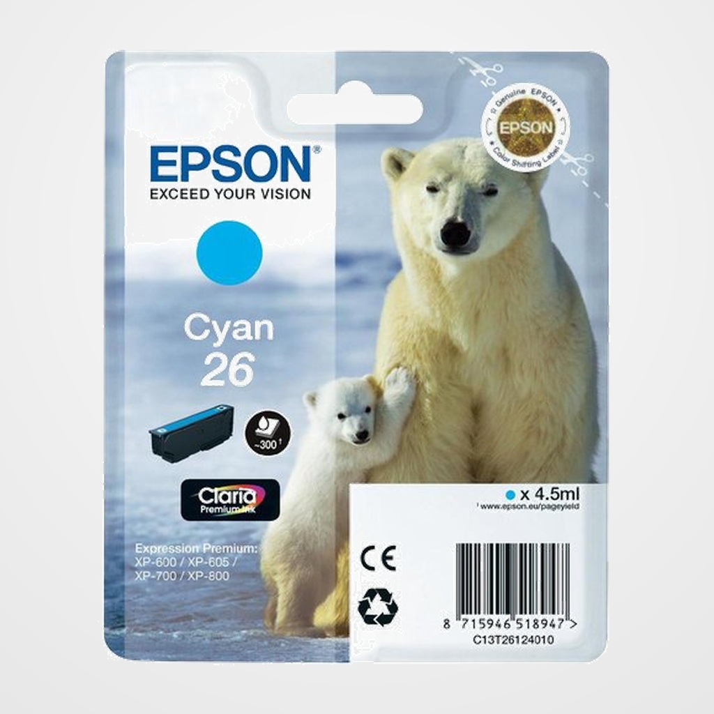 CARTUCHO INKJET EPSON T261240 Nº26 XP-760/XP-860, XP-510/XP-520/XP-615/XP-625/XP-710/XP-720/XP-810/XP-820 CIAN (300 PAGINAS)