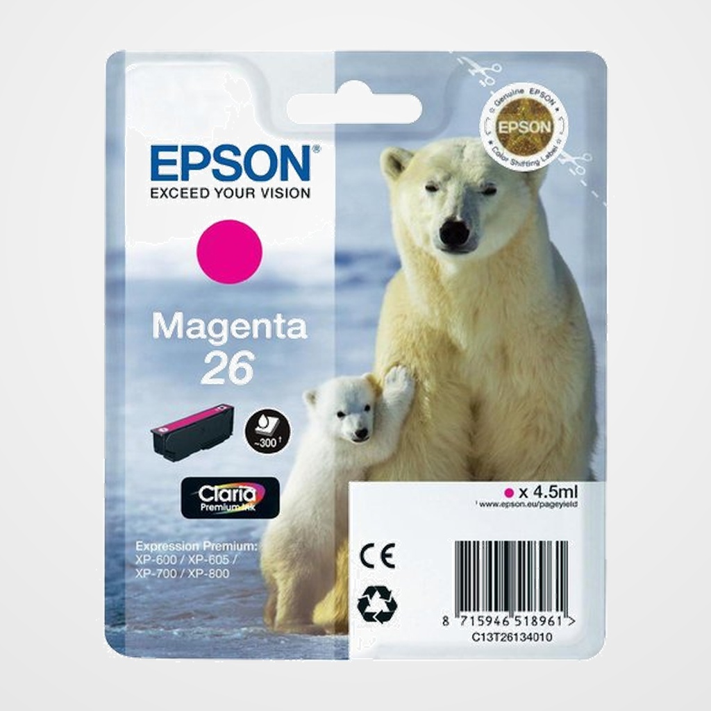 CARTUCHO INKJET EPSON T261340 Nº26 XP-760/XP-860, XP-510/XP-520/XP-615/XP-625/XP-710/XP-720/XP-810/XP-820 MAGENTA (300 PAGINAS)