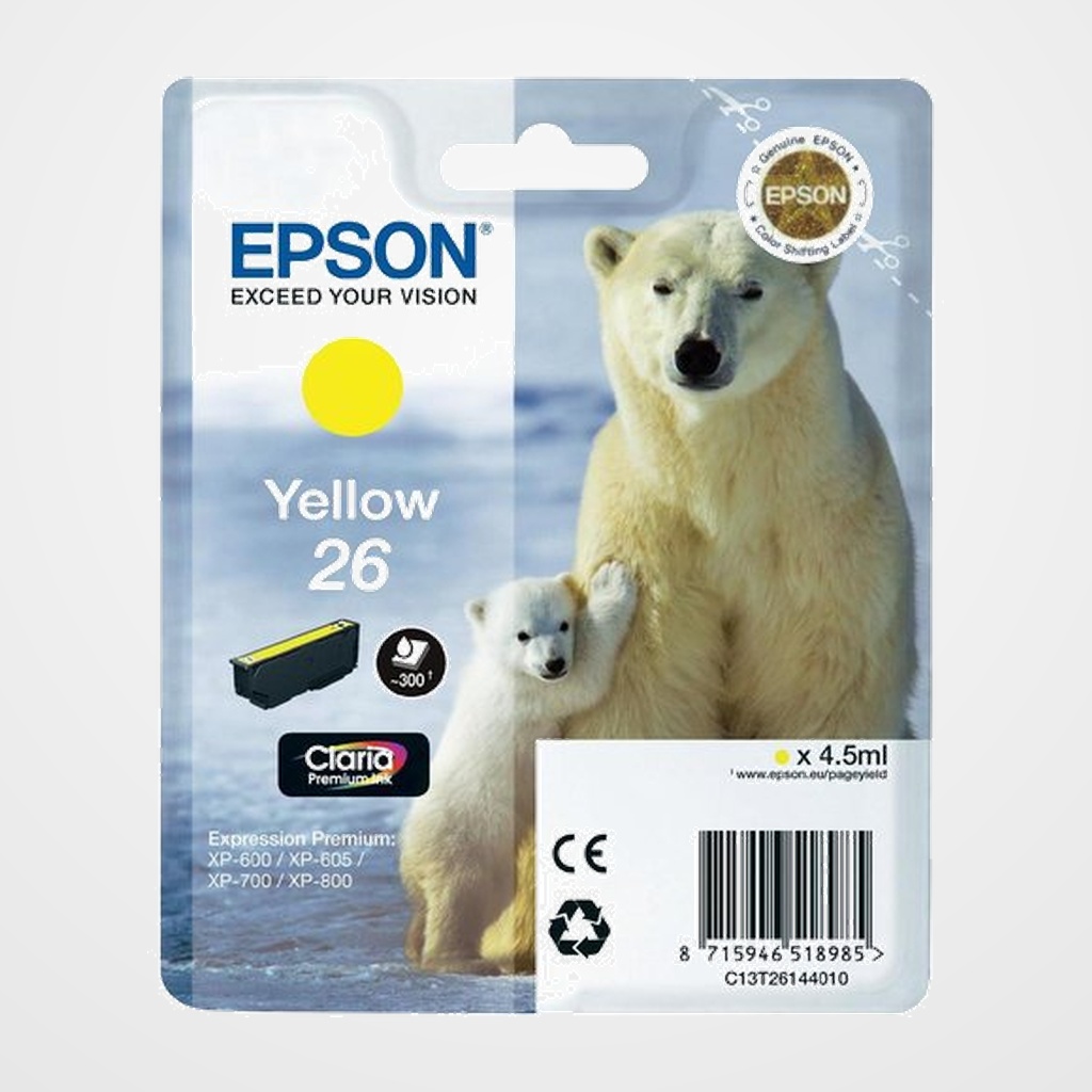 CARTUCHO INKJET EPSON T261440 Nº26 XP-760/XP-860, XP-510/XP-520/XP-615/XP-625/XP-710/XP-720/XP-810/XP-820 AMARILLO (300 PAGINAS)