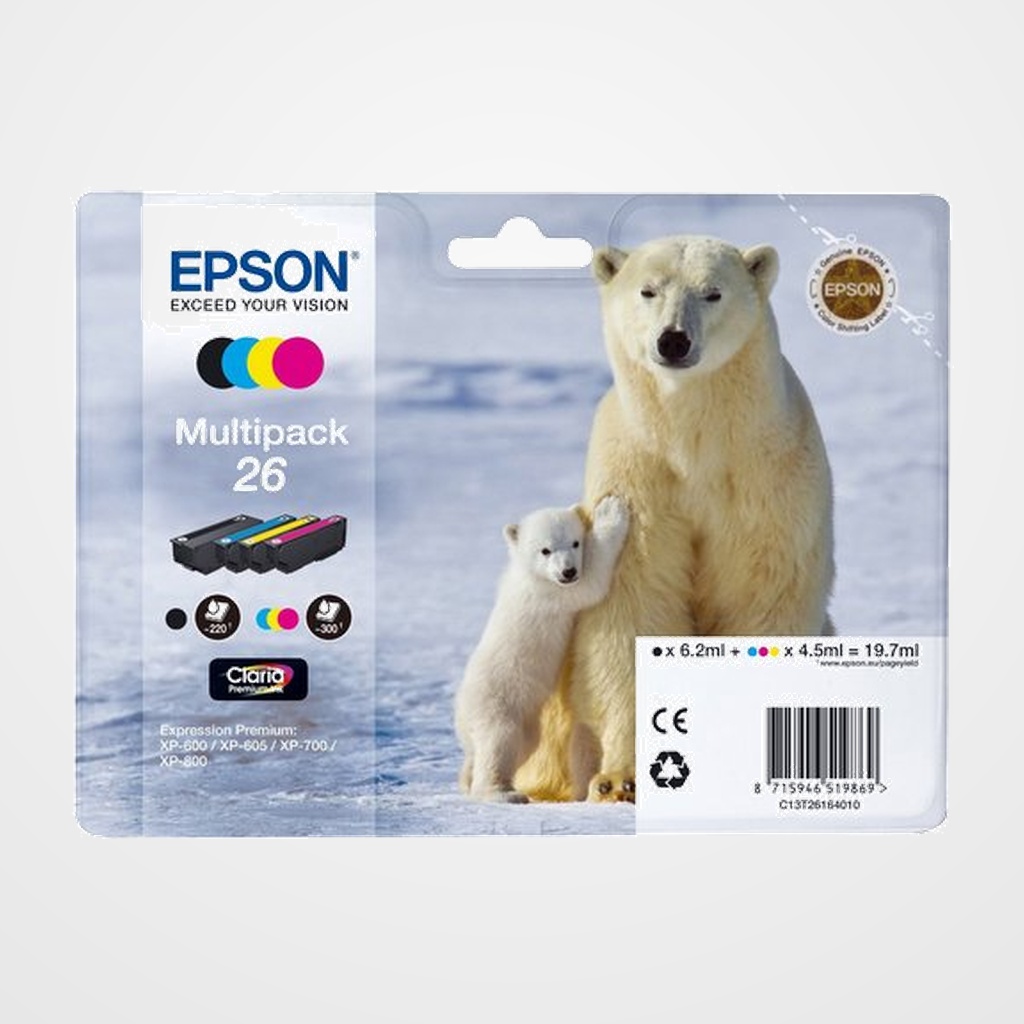 CARTUCHO INKJET EPSON T261640 Nº26 EXPRESSION PHOTO XP-760,  EXPRESSION PREMIUM XP-510/520/600/605/620/625/720/800/820 MULTIPACK (300 PAGINAS)