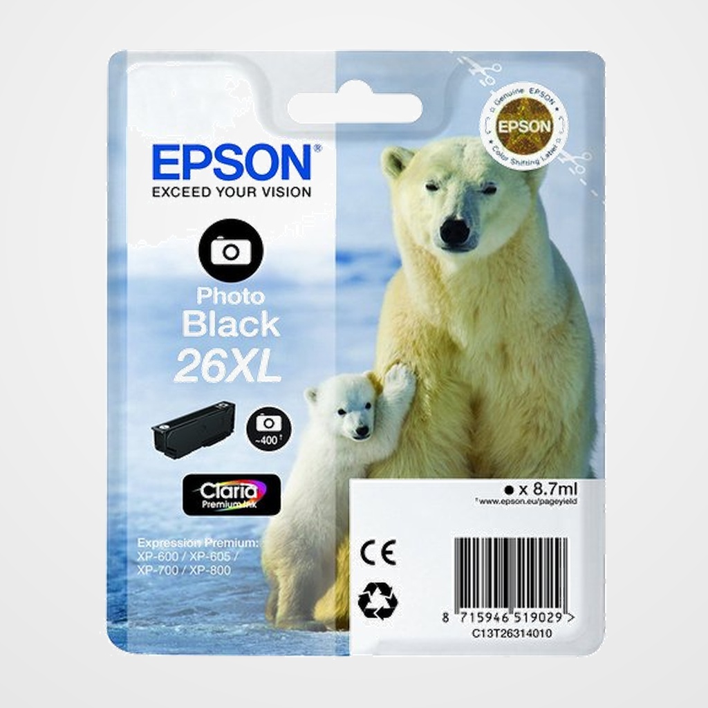 CARTUCHO INKJET EPSON T263140 Nº26XL XP-760/XP-860, XP-510/XP-520/XP-615/XP-625/XP-710/XP-720/XP-810/XP-820 PHOTO NEGRO (400 PAGINAS)