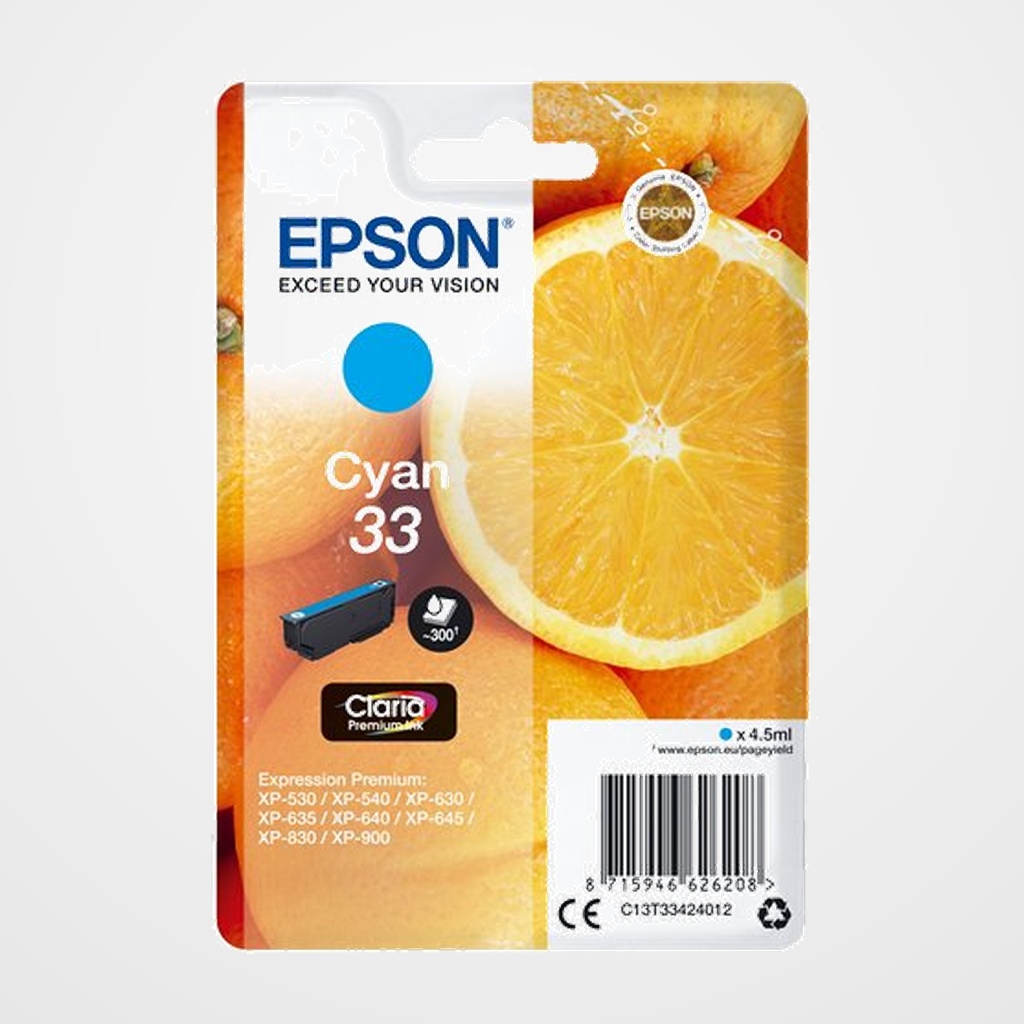 CARTUCHO INKJET EPSON T334240 Nº33 XP-530/XP-540/XP-630/XP-635/XP-640/XP-645/XP-830/XP-900 CIAN 4,5 ml