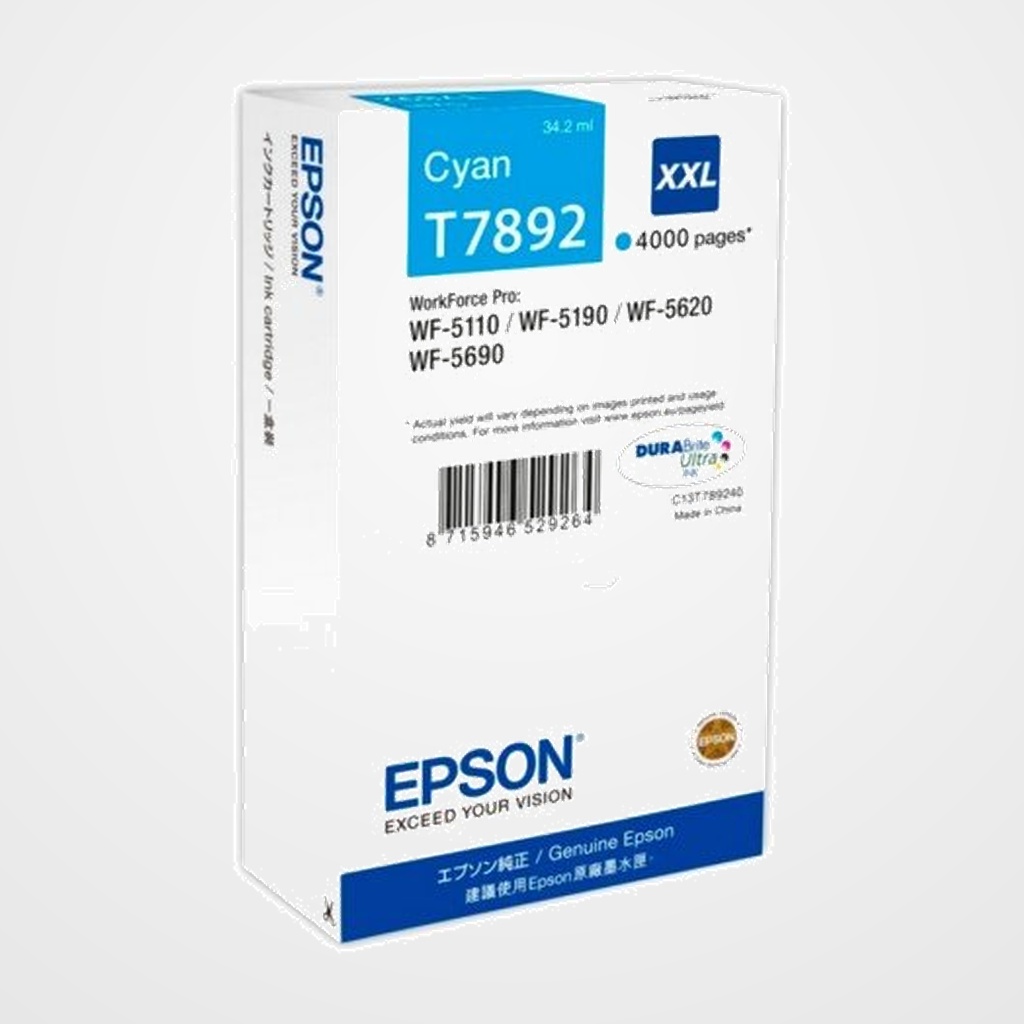 CARTUCHO INKJET EPSON T7892 XXL WORKFORCE PRO WF-4630DWF/WF-4640DTWF/WF-5110DW/WF-5190DW/WF-5620DWF/WF-5690DWF CIAN 4.000 PÁG.