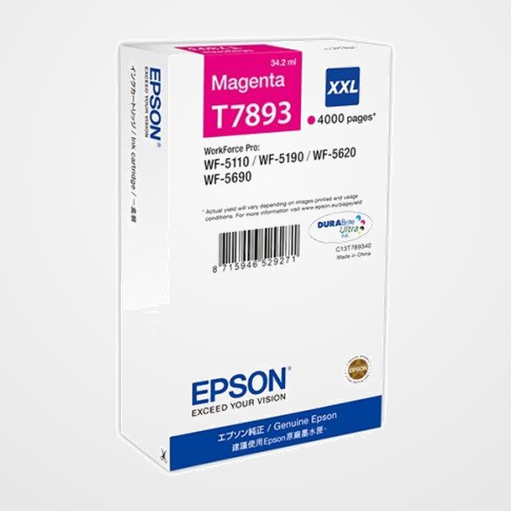 CARTUCHO INKJET EPSON T7893 XXL WORKFORCE PRO WF-4630DWF/WF-4640DTWF/WF-5110DW/WF-5190DW/WF-5620DWF/WF-5690DWF MAGENTA 4.000 PÁG.