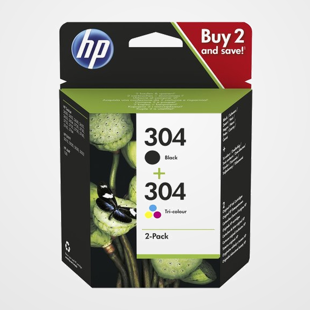 CARTUCHO INKJET HP 3JB05AE Nº304 DESKJET 3720/ 3721/ 3722/ 3723/ 3724/ 3725/ 3750/ 3755, ENVY 5030 PACK DE 2 (NEGRO + TRICOLOR)