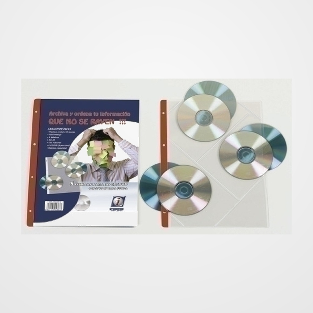 FUNDA CD/DVD IBERPLAS PVC A4 con 4 TALAD. C/REFZO. 6 DPTO. (150µ) PAQUETE de 5