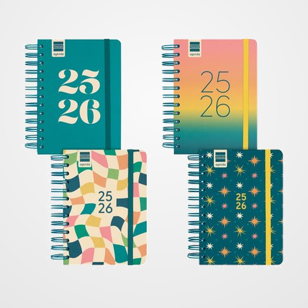 [82503764] AGENDA ESCOLAR (2025-26) FINOCAM CATALAN COSMO WIRE-O tapa EXTRA D/P 8º 120x169 con GOMA ASSORTIMENT PACK de 4