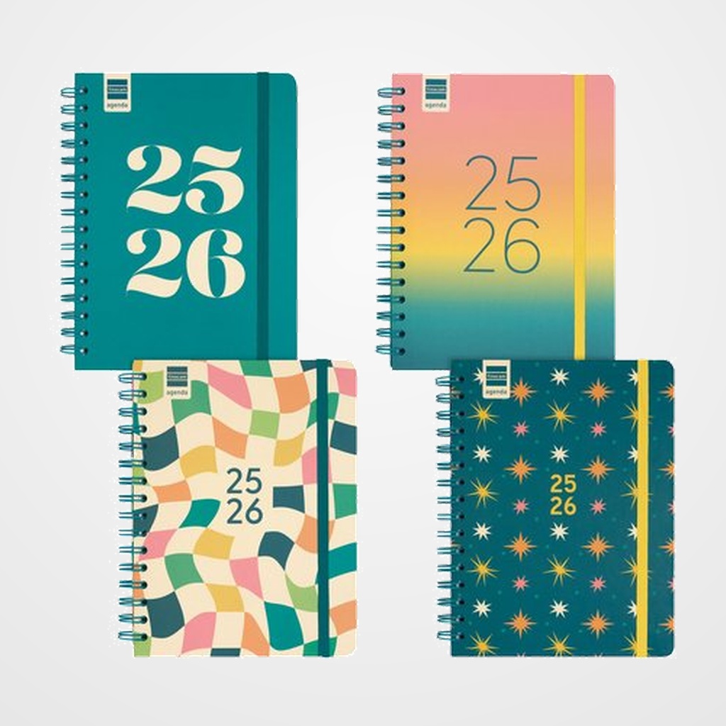 AGENDA ESCOLAR (2025-26) FINOCAM CATALAN COSMO WIRE-O tapa EXTRA S/V APAIS. 4º 155x212 con GOMA ASSORTIMENT PACK de 4