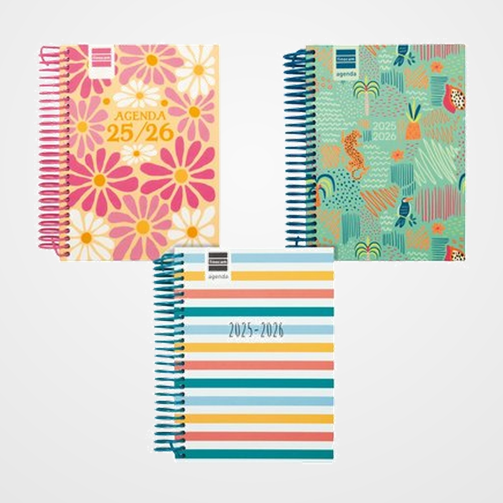 AGENDA ESCOLAR (2025-26) FINOCAM CATALAN DIVA ESPIRAL tapa EXTRADURA D/P 8º 120x164 ASSORTIMENT PACK DE 6