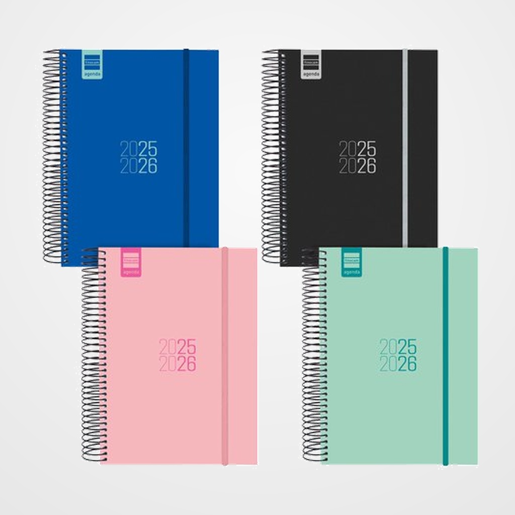 AGENDA ESCOLAR (2025-26) FINOCAM CATALAN ESPIR ESPIRAL tapa PP D/P E10 155x212 con GOMA ASSORTIMENT PACK DE 8