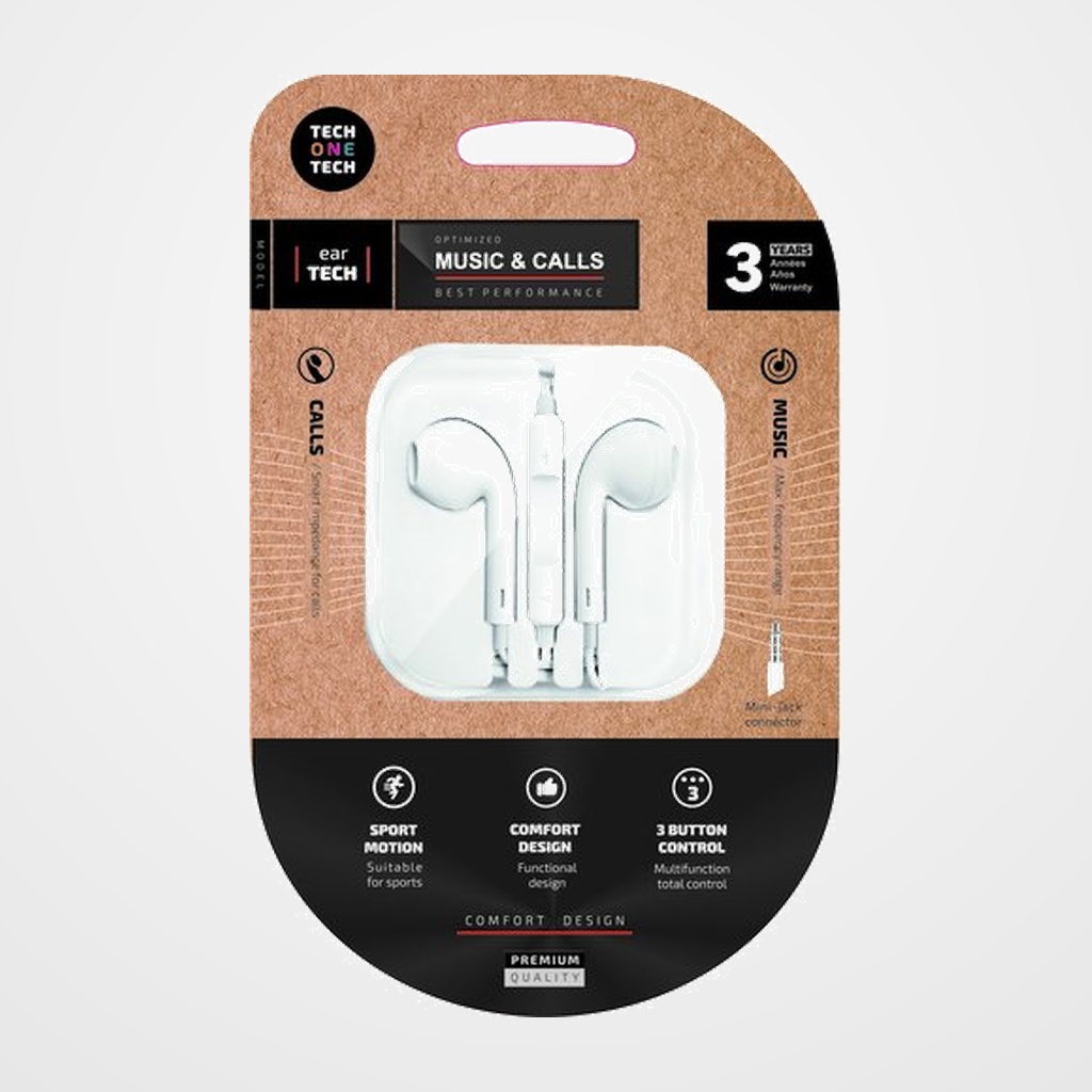 AURICULARES TECH-ONE-TECH EARTECH DE BOTON CON CONECTOR MINI JACK MICROFONO INTEGRADO BLANCO