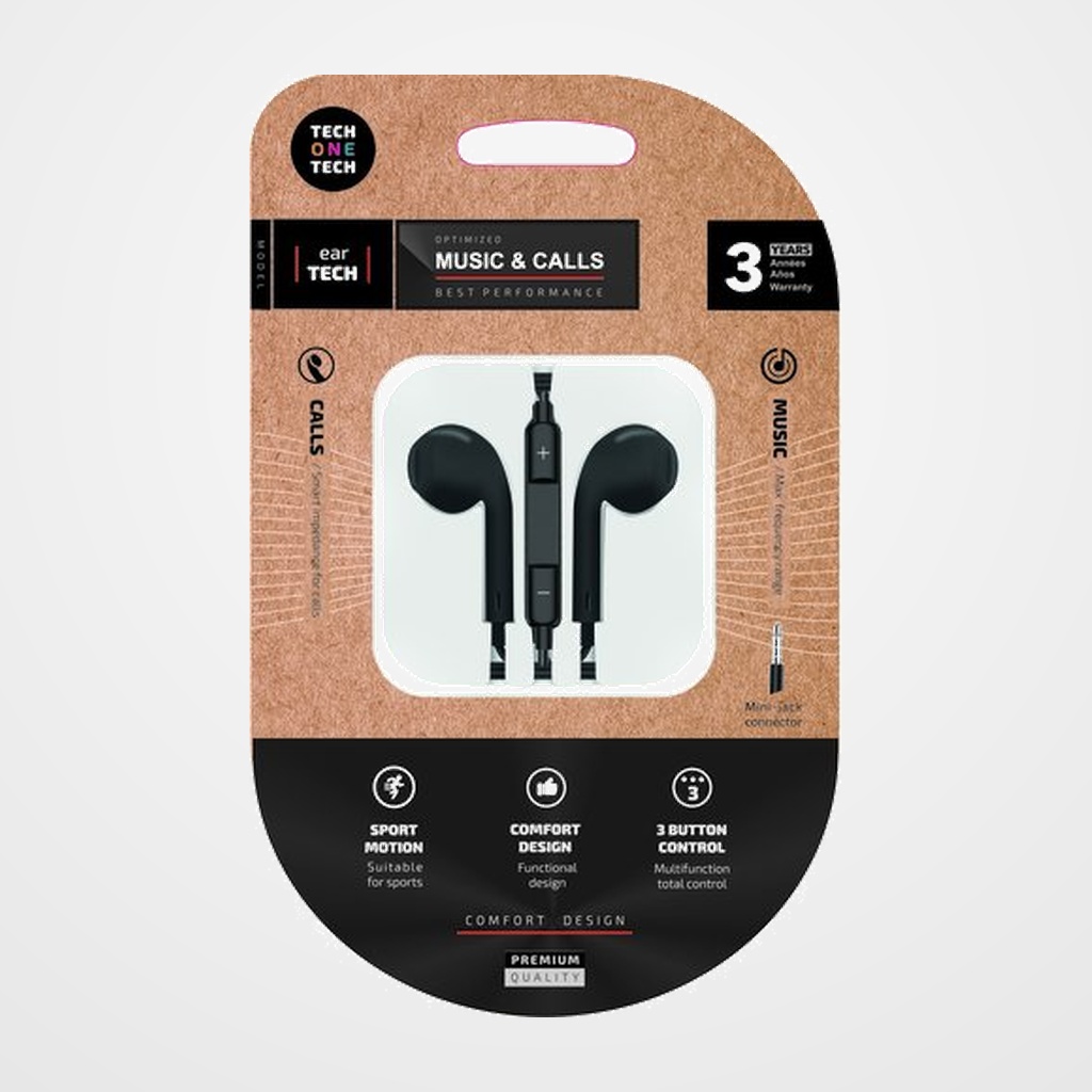 AURICULARES TECH-ONE-TECH EARTECH DE BOTON CON CONECTOR MINI JACK MICROFONO INTEGRADO NEGRO