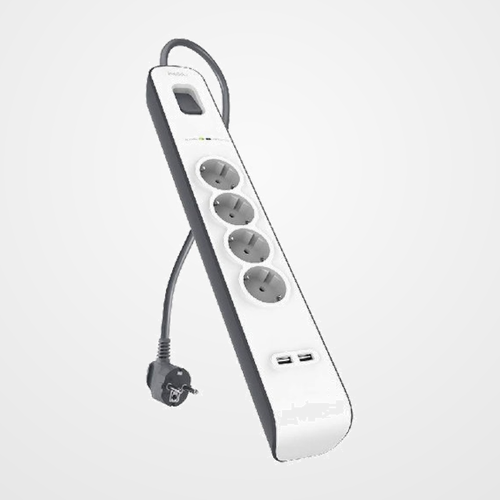 ENCHUFE PROTECTOR BELKIN 4 SALIDAS (REGLETA) +2x USB  CON PROTECCION CONTRA SOBRETENSIONES CABLE 2 METROS BLANCO/GRIS