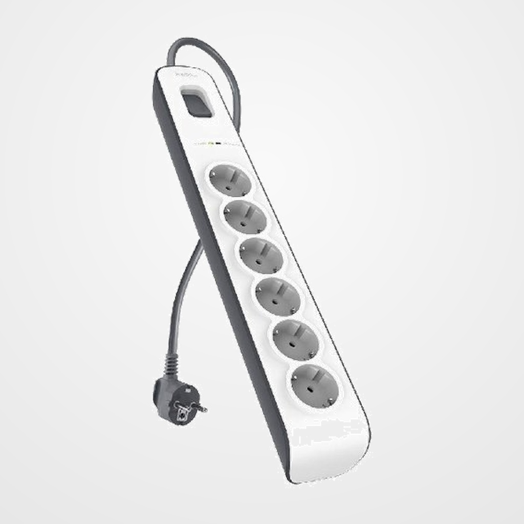ENCHUFE PROTECTOR BELKIN 6 SALIDAS (REGLETA) CON PROTECCION CONTRA SOBRETENSIONES CABLE 2 METROS BLANCO/GRIS