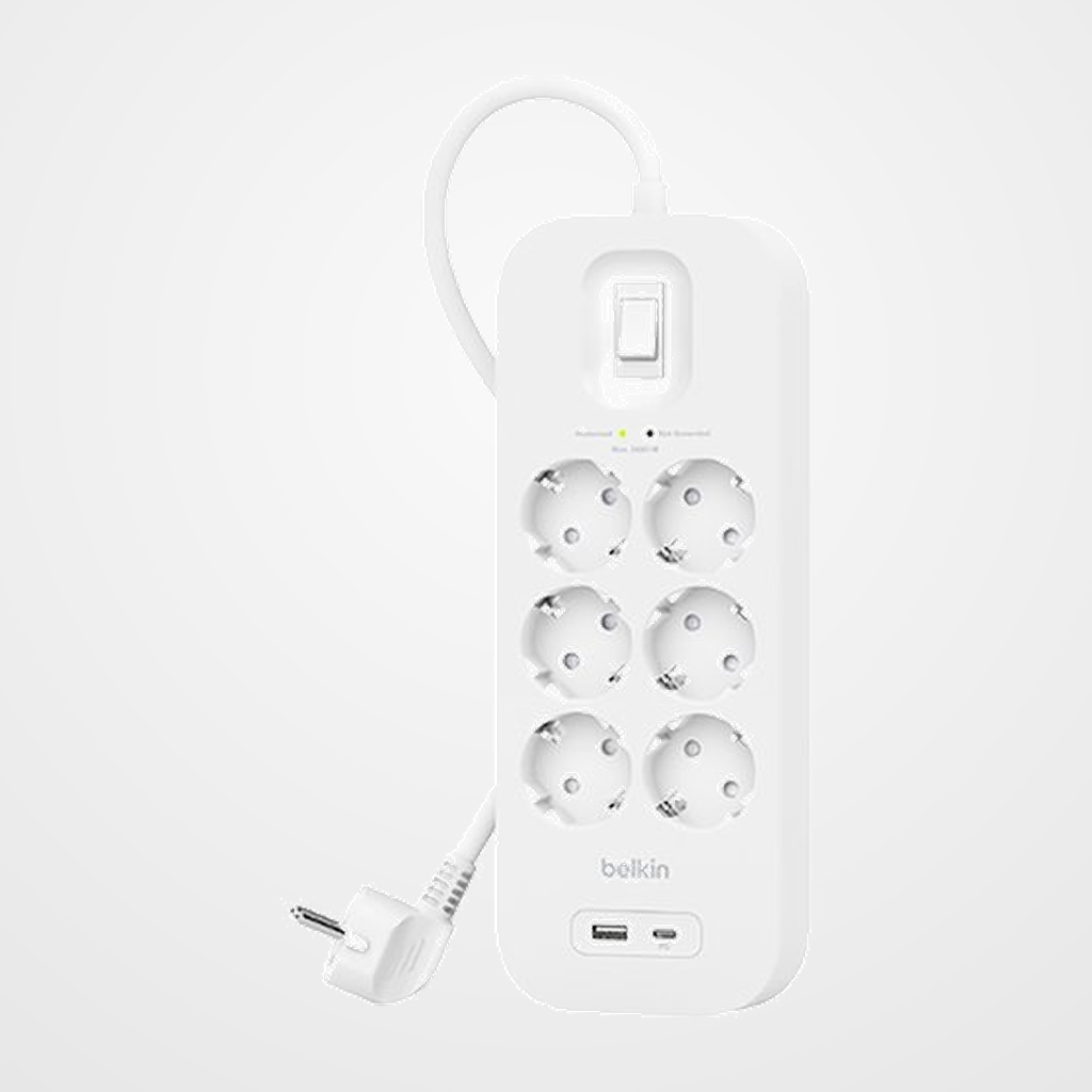 ENCHUFE PROTECTOR BELKIN 6 SALIDAS (REGLETA) CON PROTECCION CONTRA SOBRETENSIONES CABLE 2 METROS BOTON APAGADO USB-C USB-A