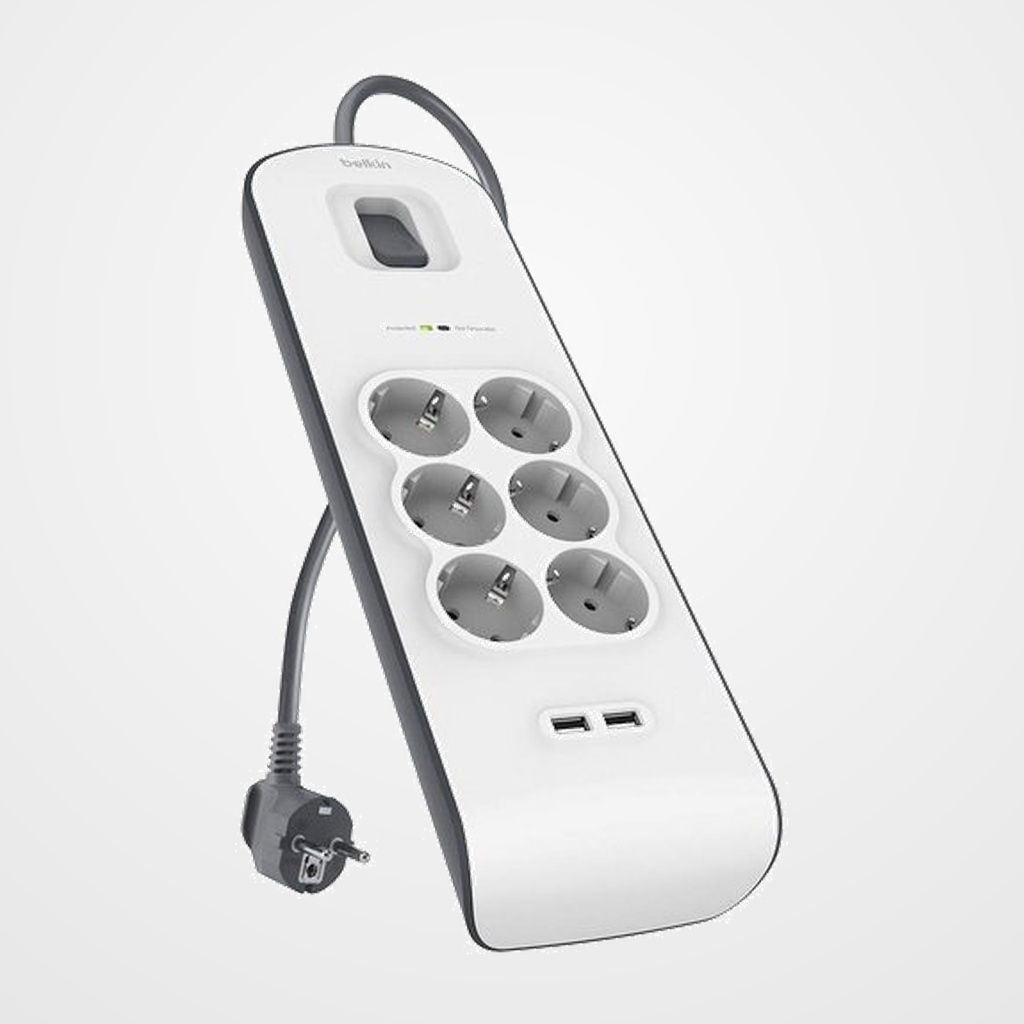 ENCHUFE PROTECTOR BELKIN 6 SALIDAS (REGLETA) +2x USB  CON PROTECCION CONTRA SOBRETENSIONES CABLE 2 METROS BLANCO/GRIS