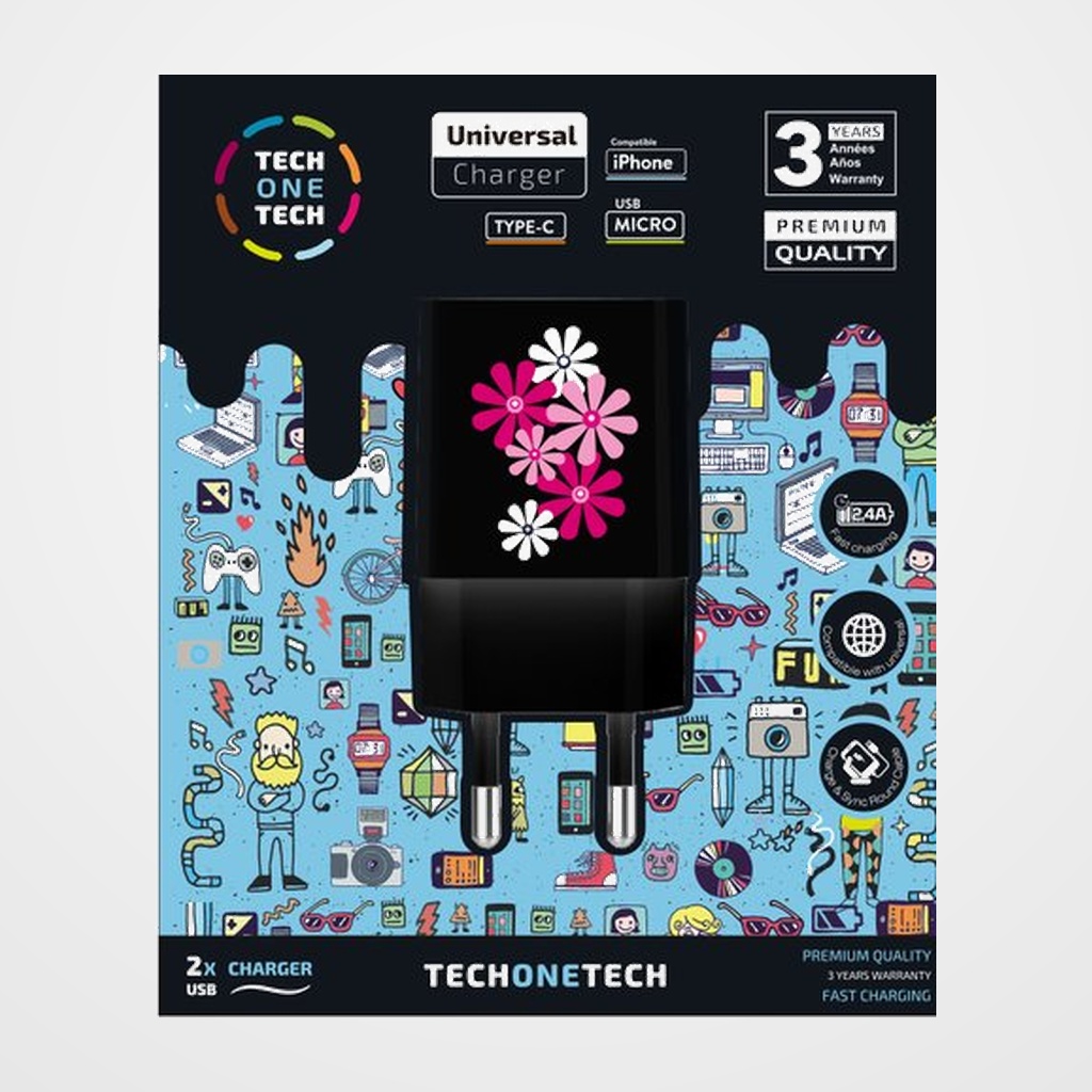 CARGADOR TECH-ONE-TECH DOBLE DE PARED 2xUSB BLACK FLOWER POWER ALTO RENDIMIENTO 2,4A