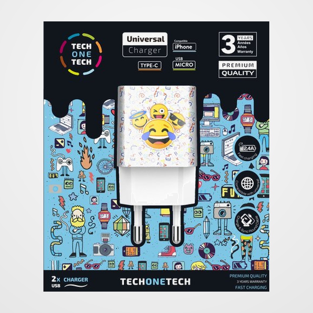 CARGADOR TECH-ONE-TECH DOBLE DE PARED 2xUSB EMOJITECH SMILE ALTO RENDIMIENTO 2,4A